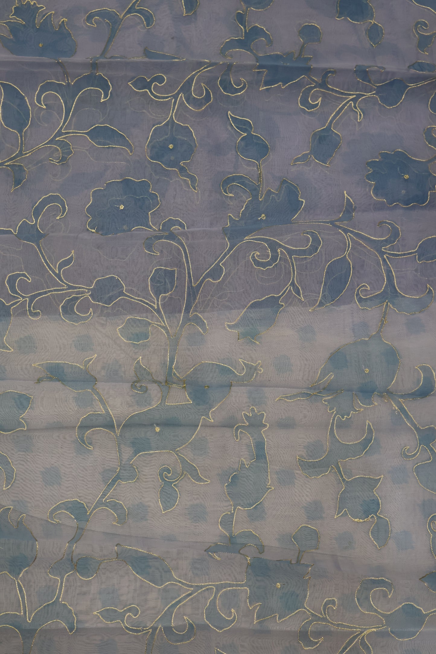 Pure Organza Tussar Saree- Blue Kutch Work