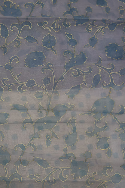 Pure Organza Tussar Saree- Blue Kutch Work