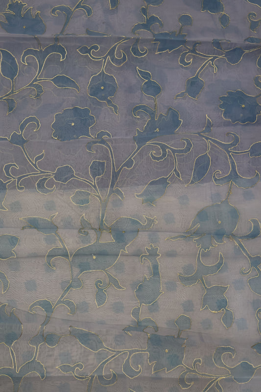 Pure Organza Tussar Saree- Blue Kutch Work
