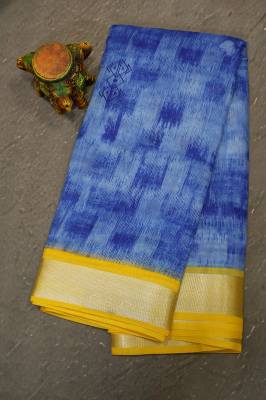 Semi Chanderi Saree-Blue-Yellow