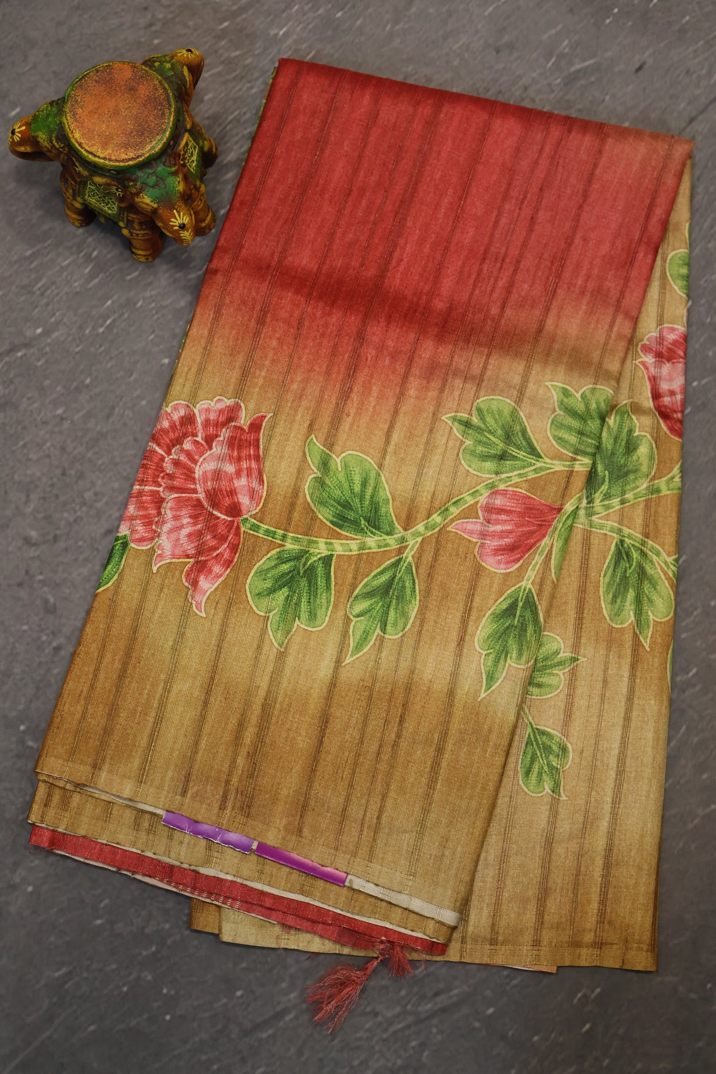 Jute Tussar Saree- Floral Pattern -Light Brown