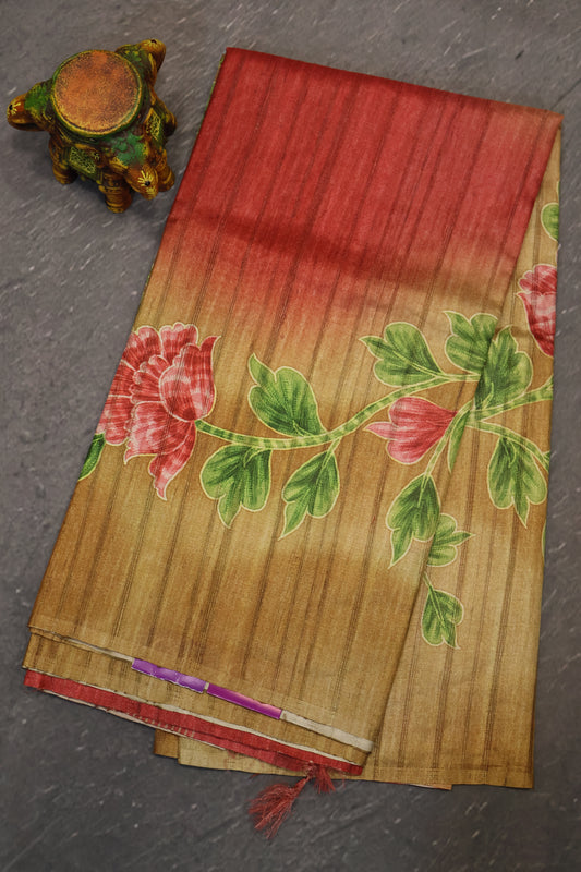 Jute Tussar Saree- Floral Pattern -Light Brown