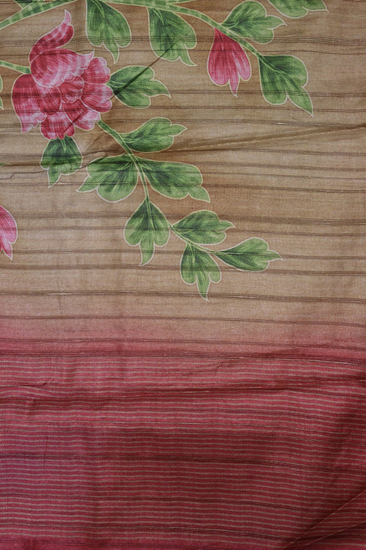 Jute Tussar Saree- Floral Pattern -Light Brown