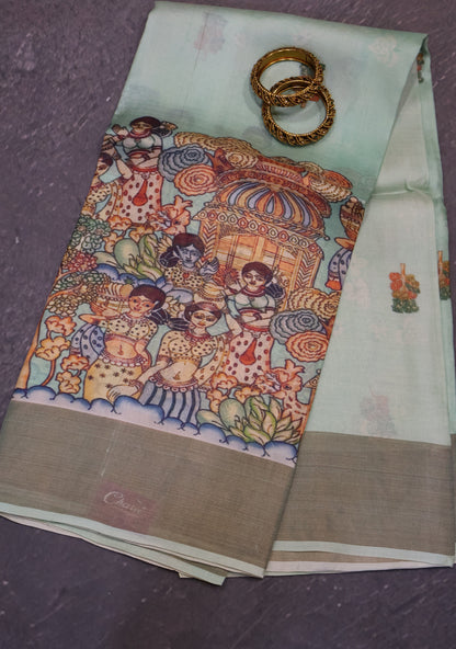 Pure Tussar Saree - Penn Kalamkari-Pista Green