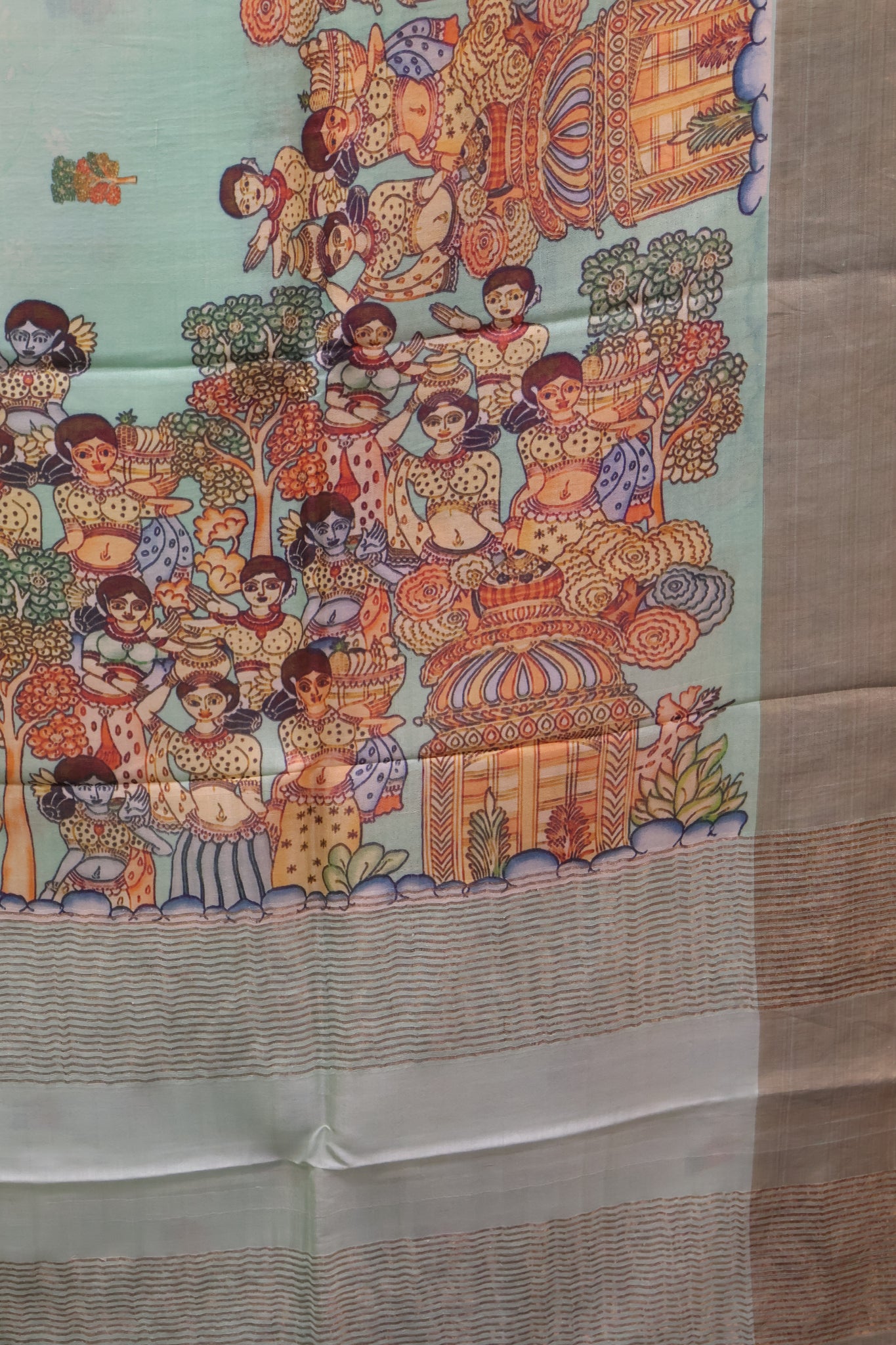 Pure Tussar Saree - Penn Kalamkari-Pista Green