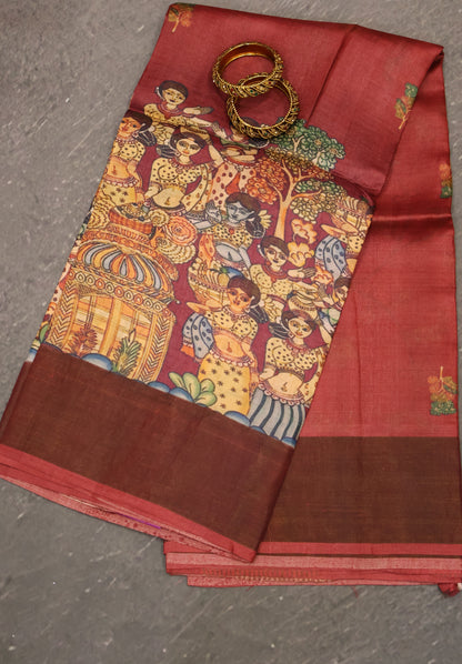 Pure Tussar Saree - Penn Kalamkari-Maroon