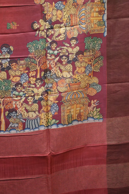 Pure Tussar Saree - Penn Kalamkari-Maroon