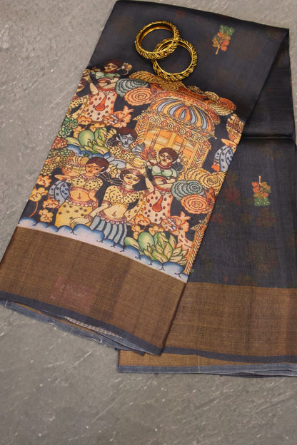 Pure Tussar Saree - Penn Kalamkari- Black