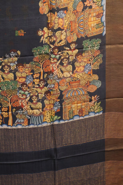 Pure Tussar Saree - Penn Kalamkari- Black