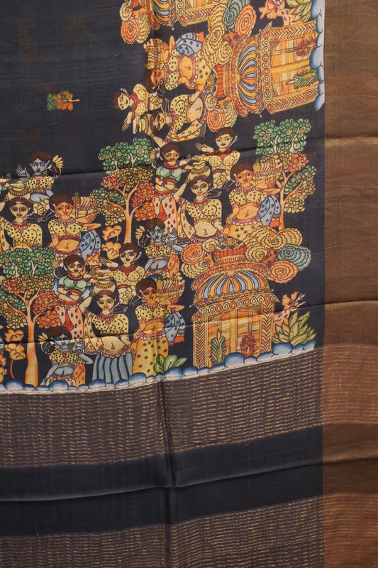 Pure Tussar Saree - Penn Kalamkari- Black