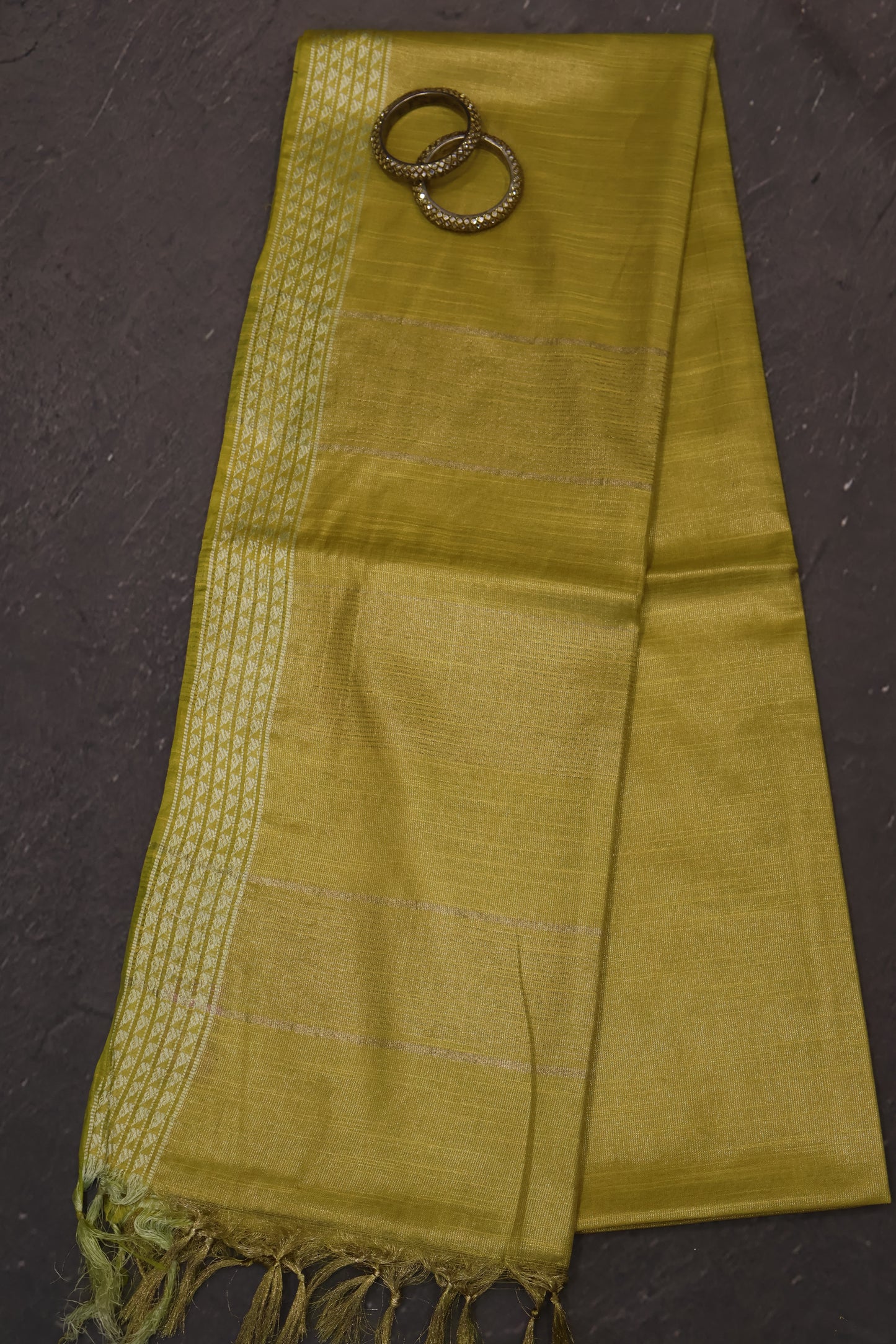 Tissue Linen Saree - Yellow Small Triangle Border