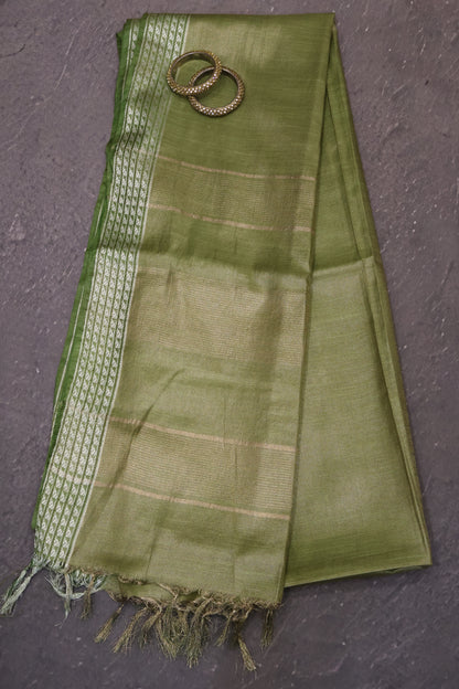 Tissue Linen Saree - Olive Green Small Triangle Border