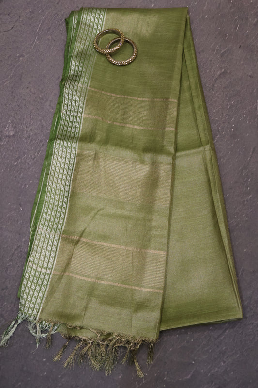 Tissue Linen Saree - Olive Green Small Triangle Border