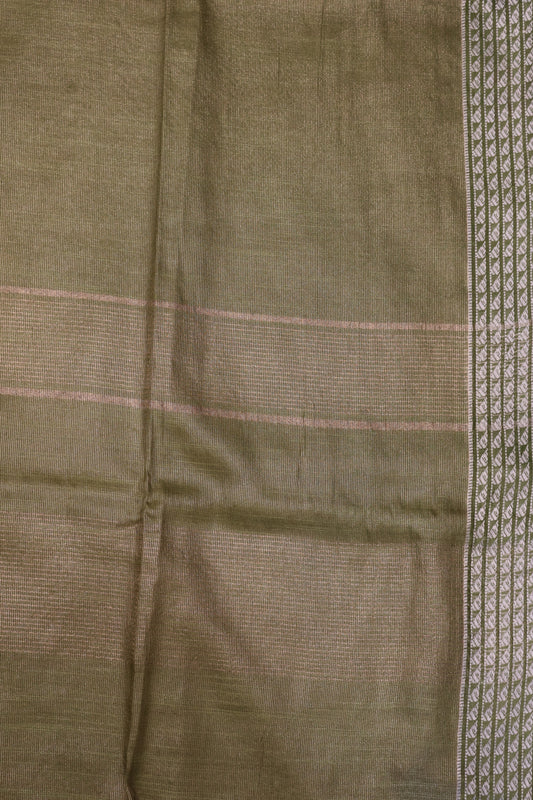 Tissue Linen Saree - Olive Green Small Triangle Border