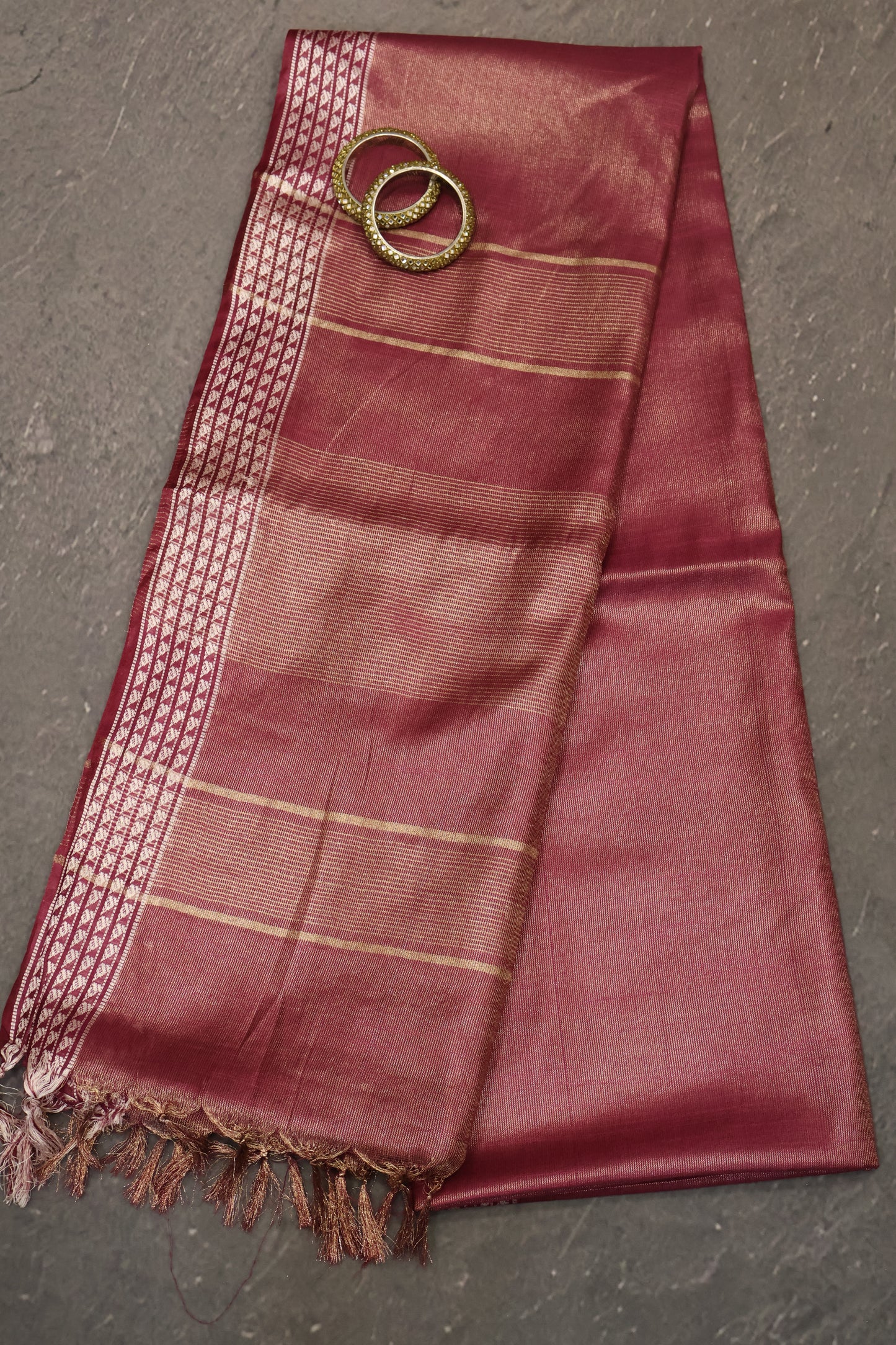 Tissue Linen Saree - Wine Small Triangle Border