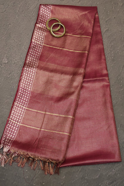 Tissue Linen Saree - Wine Small Triangle Border