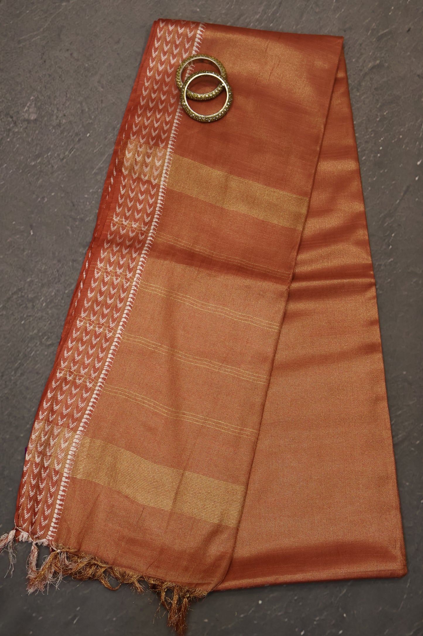 Tissue Linen Saree - Pale Orange Small Triangle Border