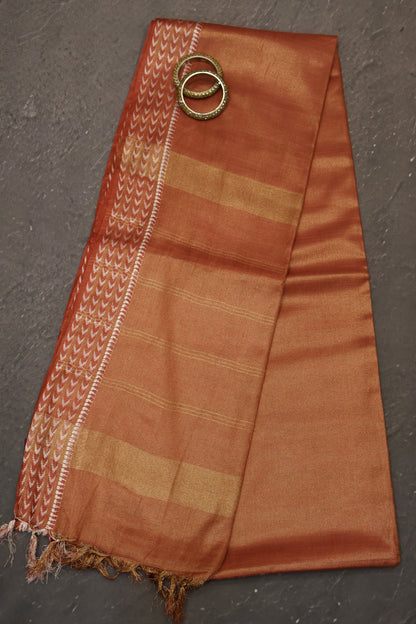 Tissue Linen Saree - Pale Orange Small Triangle Border