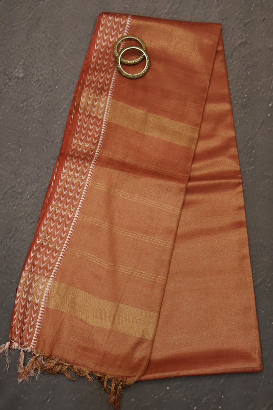 Tissue Linen Saree - Pale Orange Small Triangle Border