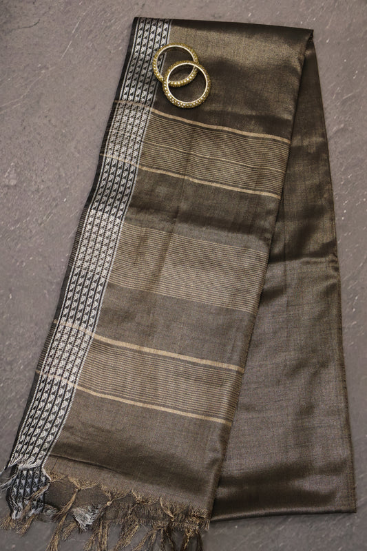Tissue Linen Saree - Black Small Triangle Border