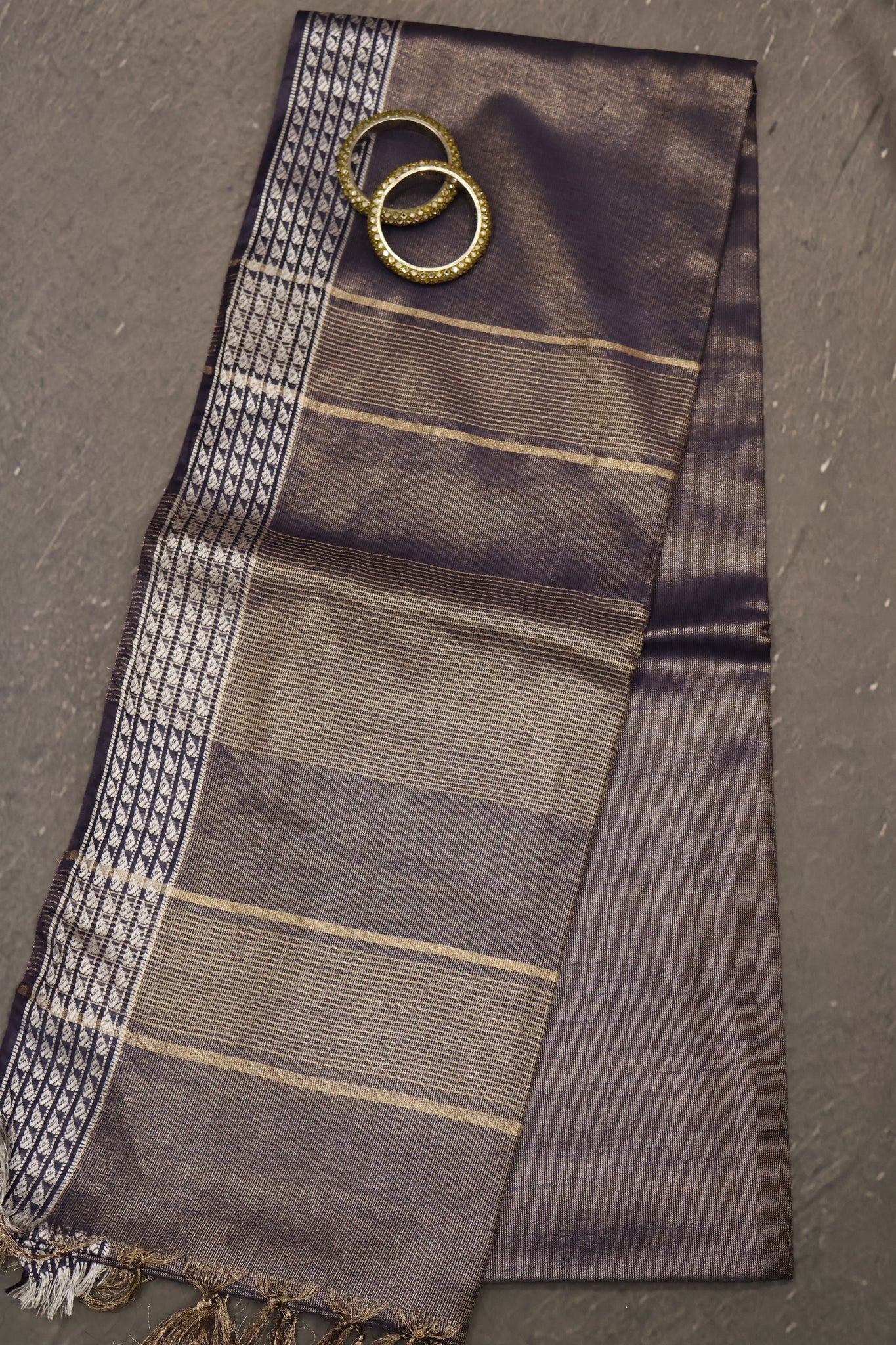 Tissue Linen Saree - Navy Blue Small Triangle Border
