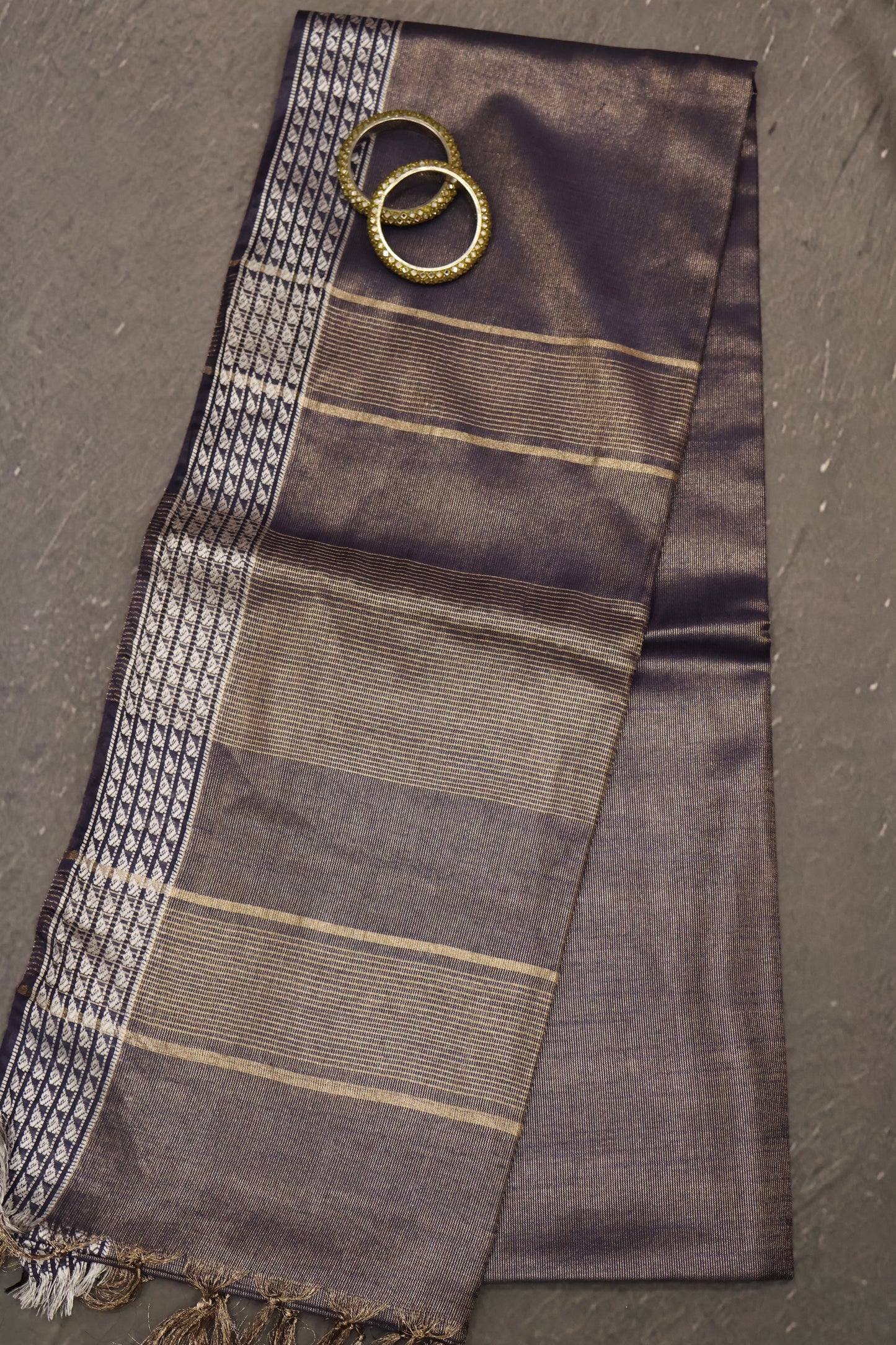 Tissue Linen Saree - Navy Blue Small Triangle Border