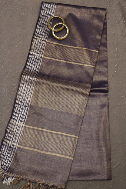 Tissue Linen Saree - Navy Blue Small Triangle Border