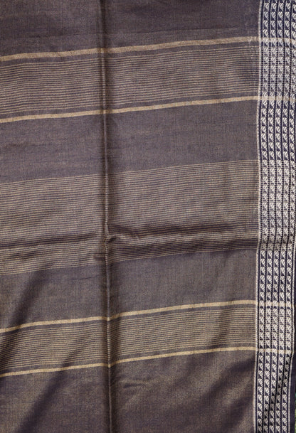 Tissue Linen Saree - Navy Blue Small Triangle Border