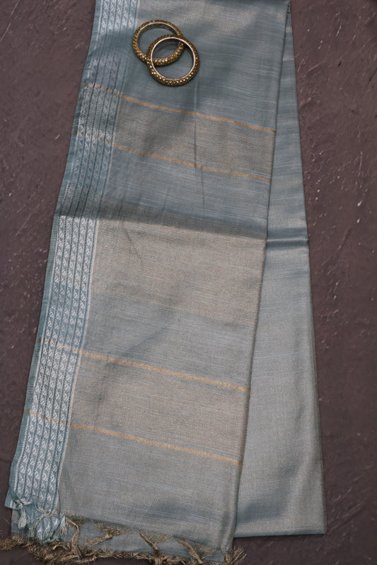 Tissue Linen Saree - Sea Blue Small Triangle Border