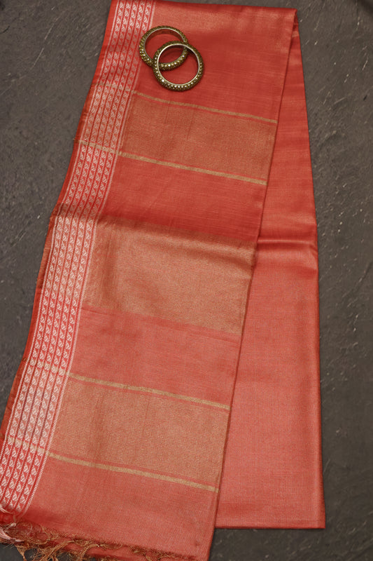 Tissue Linen Saree - Peach pink Small Triangle Border