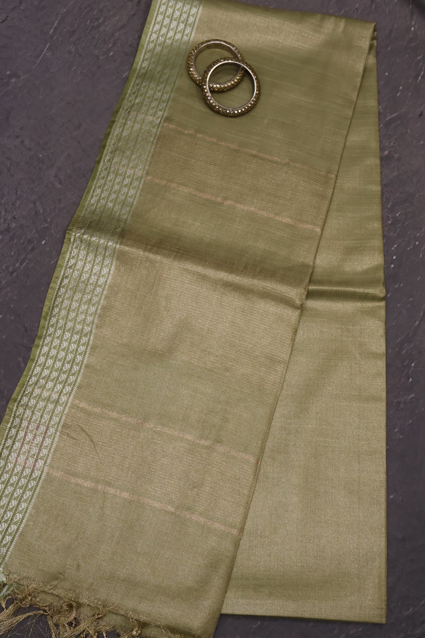 Tissue Linen Saree - Lt Olive Green Small Triangle Border