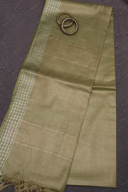 Tissue Linen Saree - Lt Olive Green Small Triangle Border