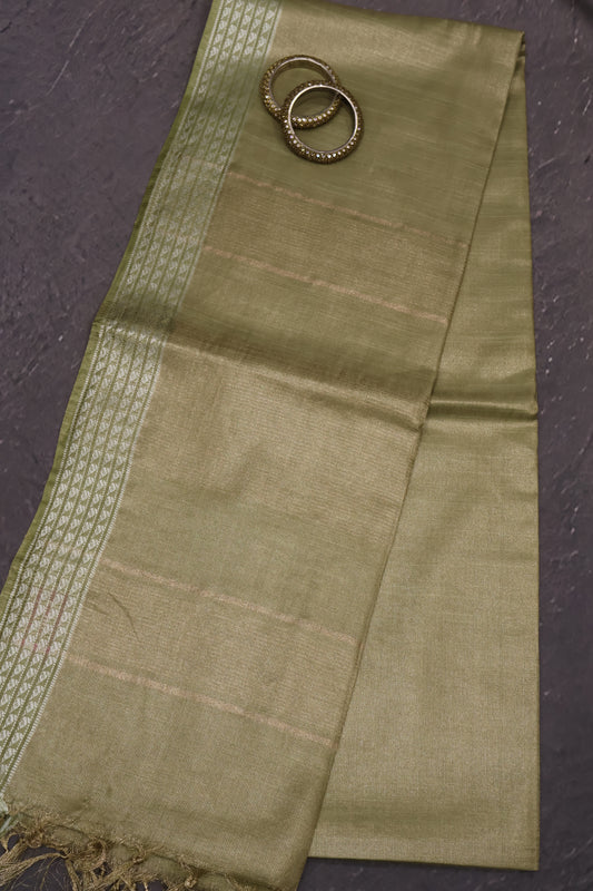 Tissue Linen Saree - Lt Olive Green Small Triangle Border
