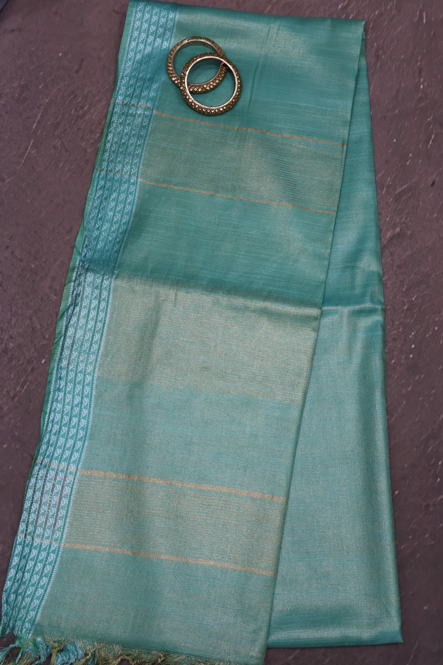 Tissue Linen Saree - Teal Green Small Triangle Border