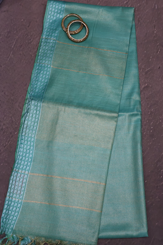 Tissue Linen Saree - Teal Green Small Triangle Border