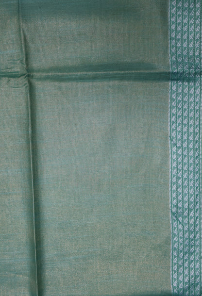 Tissue Linen Saree - Teal Green Small Triangle Border