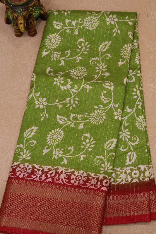 Dola Silk Saree Zari Lines-Olive Green