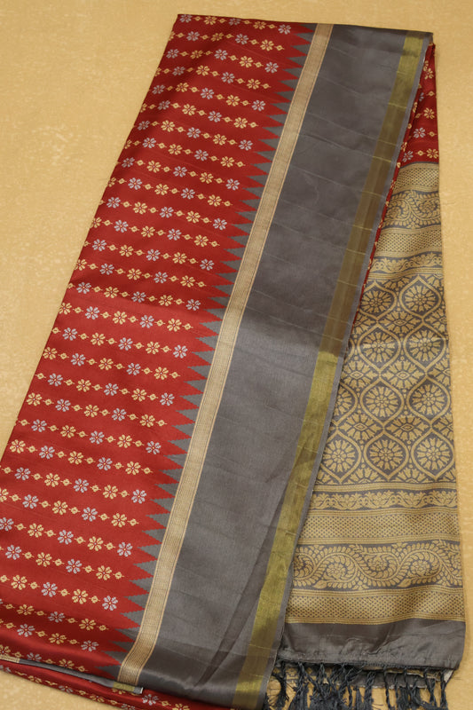 Semi Tussar Saree Floral -Maroon