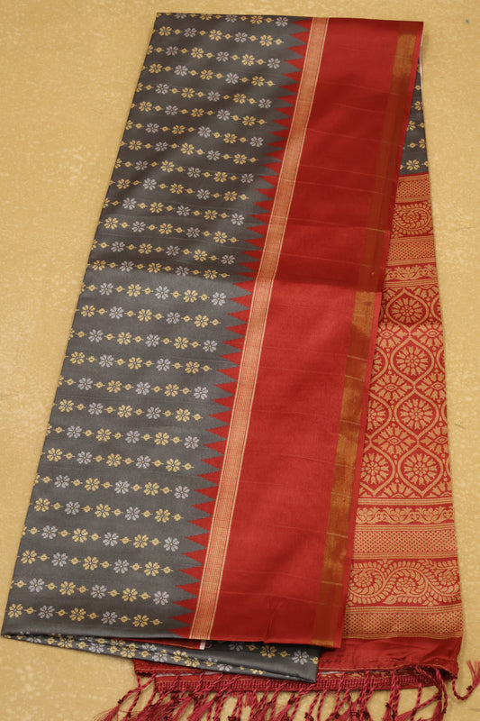Semi Tussar Saree Floral -Grey