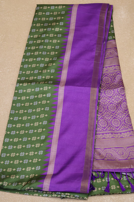 Semi Tussar Saree Floral -Olive Green