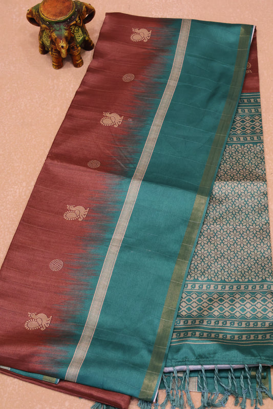 Semi Tussar Saree Peacock Print- Choco Brown