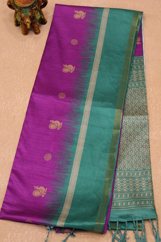 Semi Tussar Saree Peacock Print-Voilet