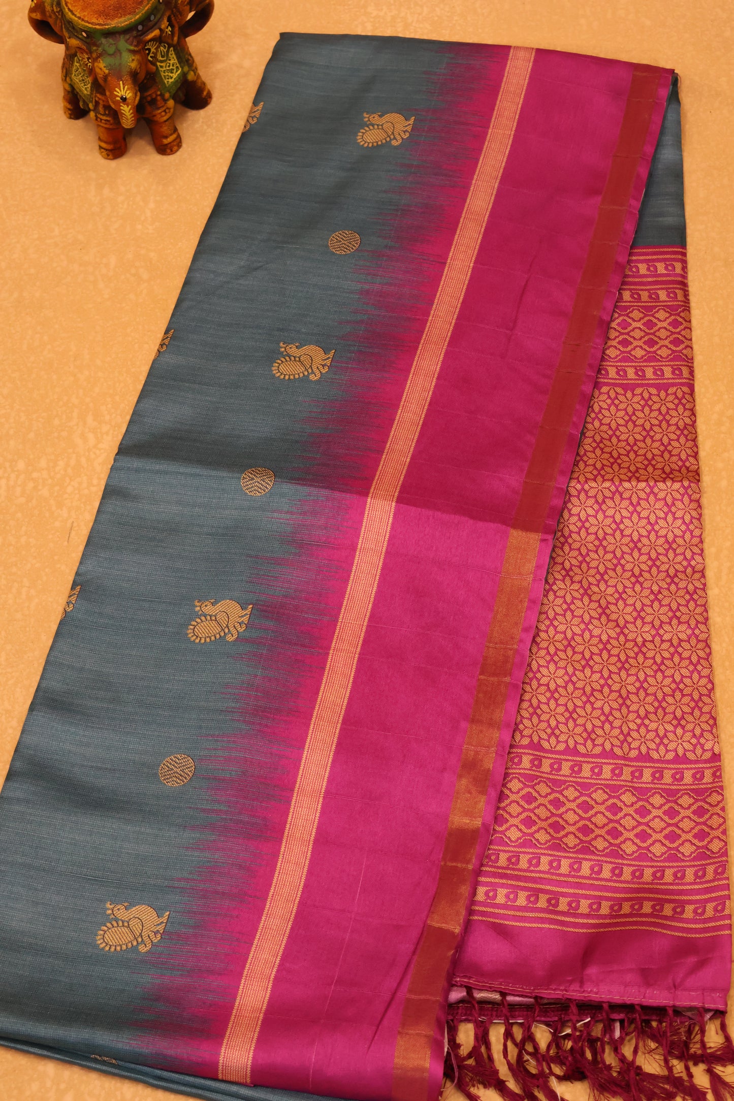 Semi Tussar Saree Peacock Print-Peacock Blue