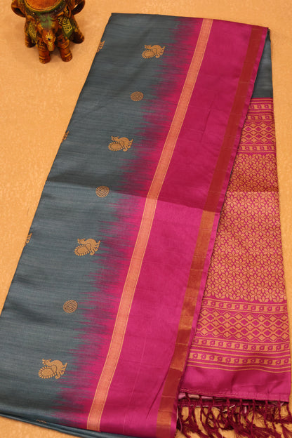 Semi Tussar Saree Peacock Print-Peacock Blue