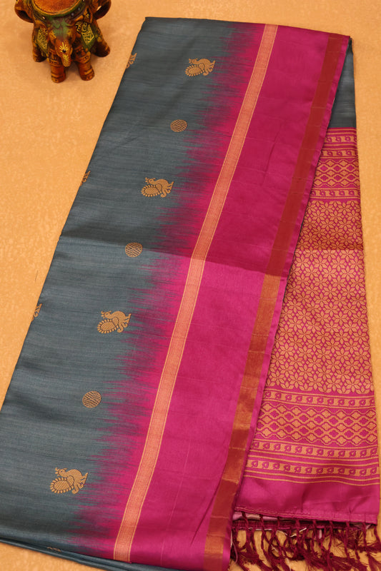 Semi Tussar Saree Peacock Print-Peacock Blue