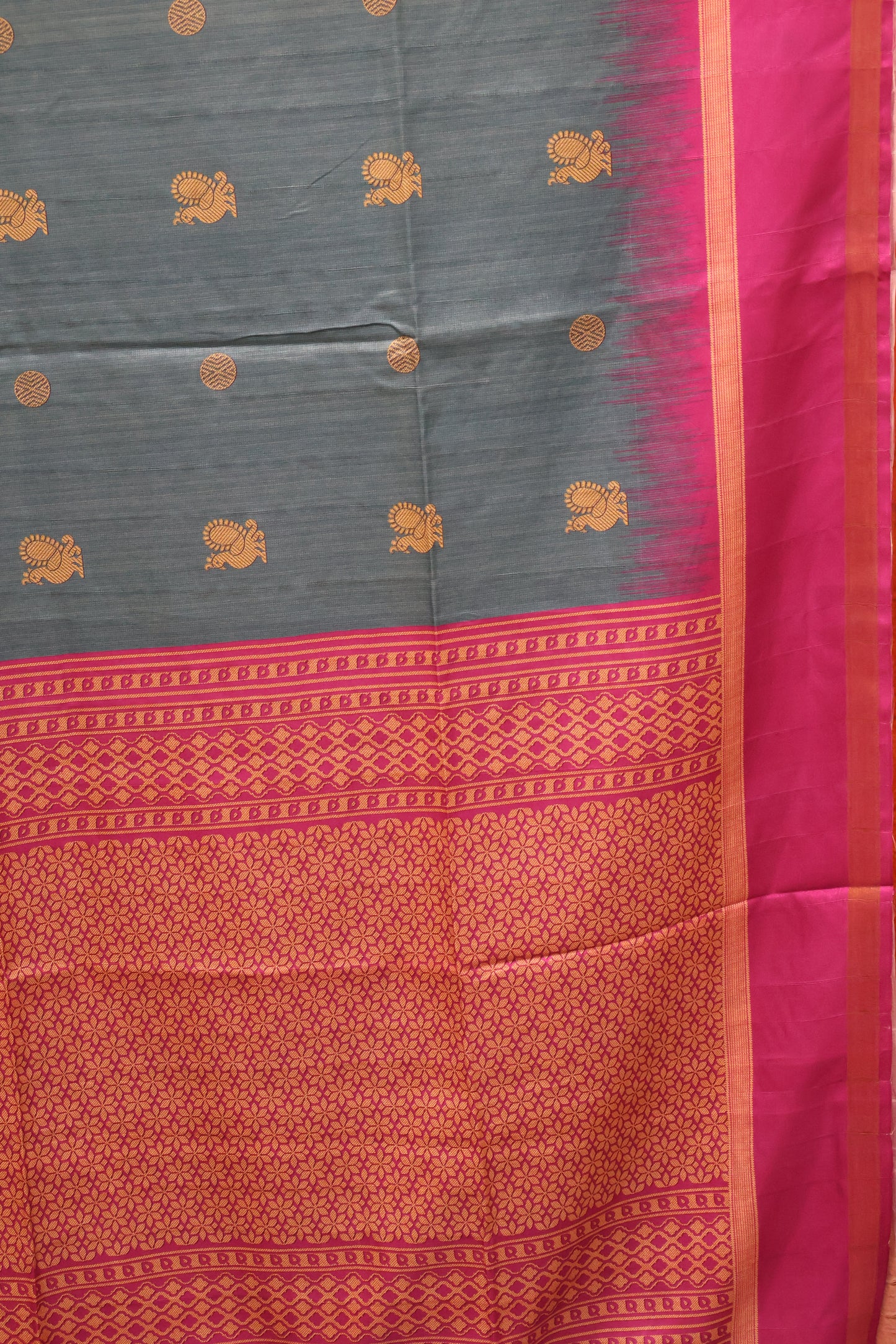 Semi Tussar Saree Peacock Print-Peacock Blue