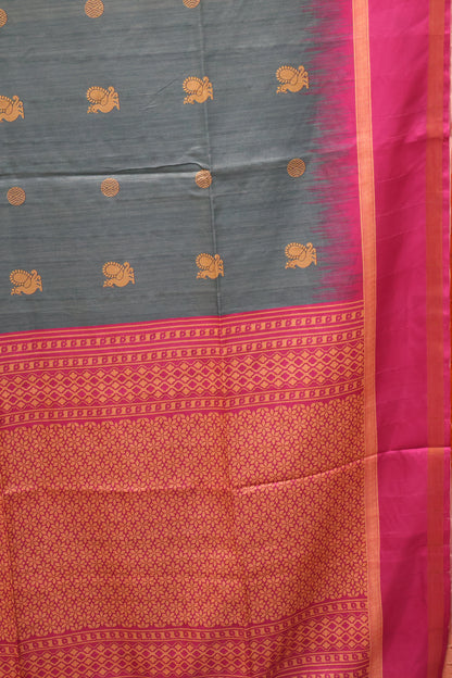 Semi Tussar Saree Peacock Print-Peacock Blue