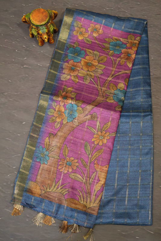 Art Tussar Saree -Blue Zari Checks