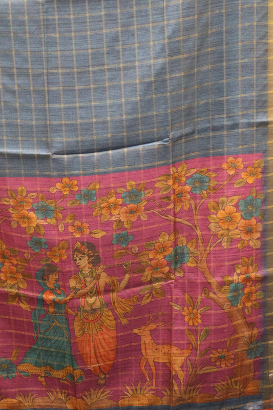 Art Tussar Saree -Blue Zari Checks