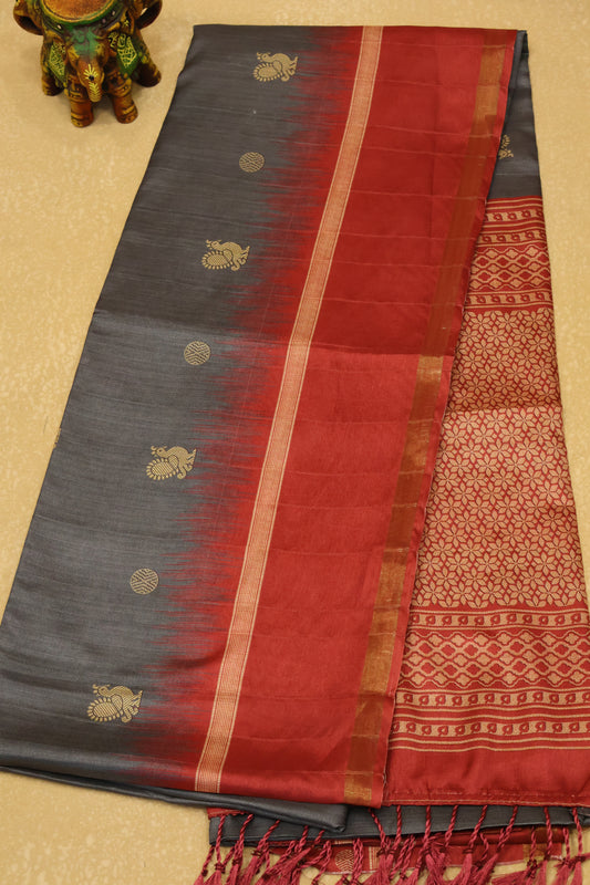 Semi Tussar Saree Peacock Print-Grey